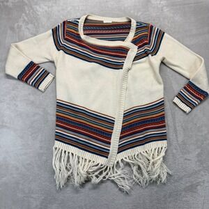Tea & Cup Sweater Women's One Size Cardigans Cream Blue Rust Striped Fringe Boho
